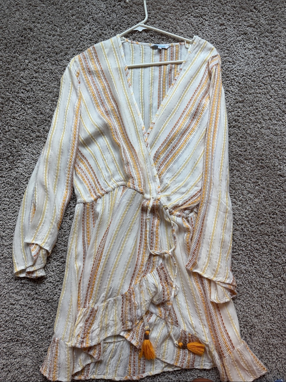 Striped Wrap-Front Women's Dress with Tassel Tie - Cream & Mustard